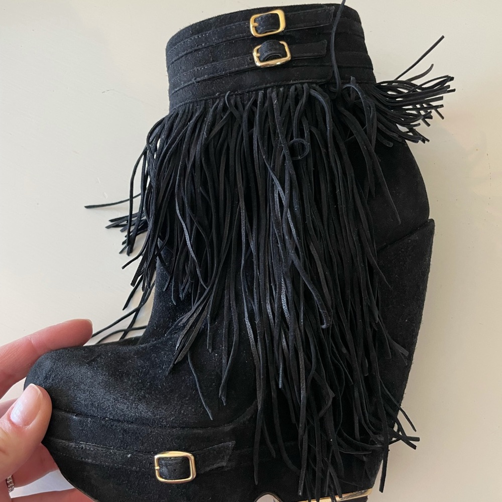 Nicholas Kirkwood Aubergine Fringe Platform Wedge Ankle Bootie - Picture 5 of 9